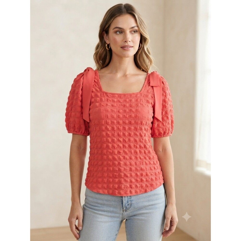 Cato Coral Textured Puff Sleeve Blouse with Shoulder Tie Bows